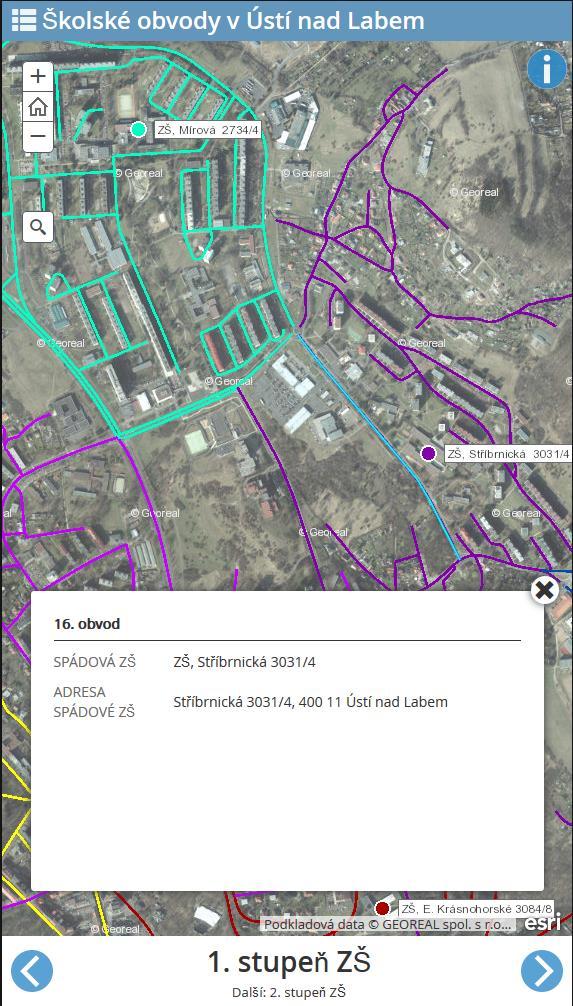 Následně se otevře pop-up okno s informacemi. Např. po kliknutí na ulici v rámci aplikace školských obvodů je vybraný prvek zvýrazněn modrou hranicí (viz obrázek - 2).
