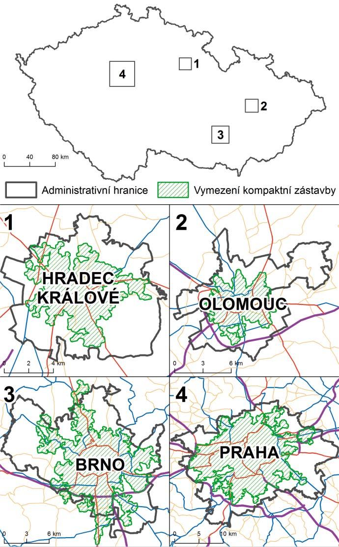Obr. 1: Zájmové území administrativní hranice (šedá linie) a vymezení kompaktní zástavby (zelená šrafa) v