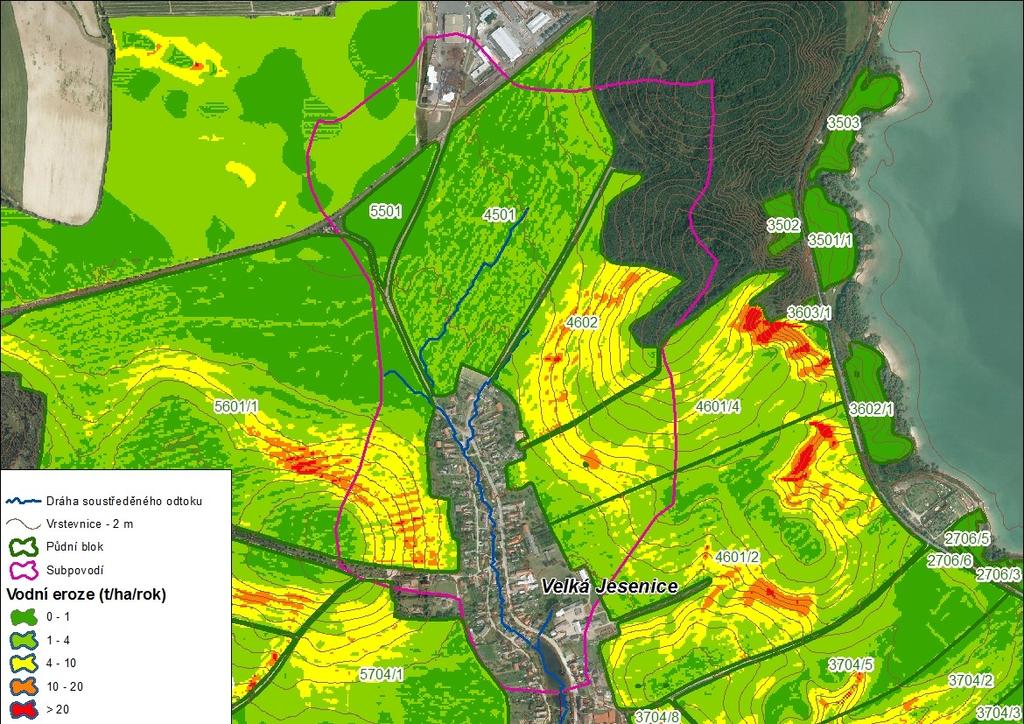 Obr. Analýza erozní ohroženosti v severní části obce Velká Jesenice.