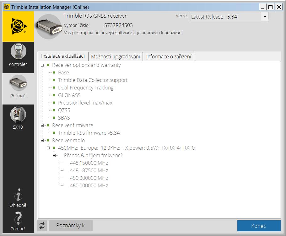 2. Přístroj Trimble R9s Obrázek 12: Trimble Installation Manager instalace aktualizací Další záložky zobrazují aktuální