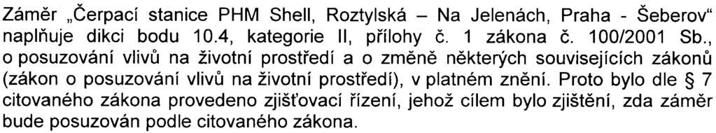 -1 Závìr: Zámìr "Èerpací stanice PHM Shell, Roztylská - Na Jelenách, Praha - Šeberov" naplòuje dikci bodu 10.4, kategorie II, pøílohy è. 1 zákona è. 100/2001 Sb.