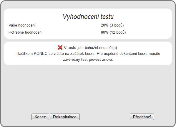 Při neúspěchu se zvolením tlačítka Konec přesunete na začátek kurzu.