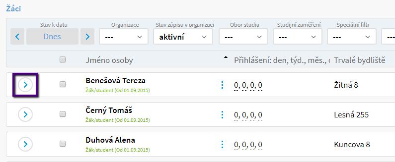 V systému lze v rámci jednotlivých osob (žák, zaměstnanec, rodič) evidovat různé údaje, které mohou mít spojitost s následujícím fungováním systému Žák Agenda: Lidé -> Žáci V zobrazené tabulce vidíte