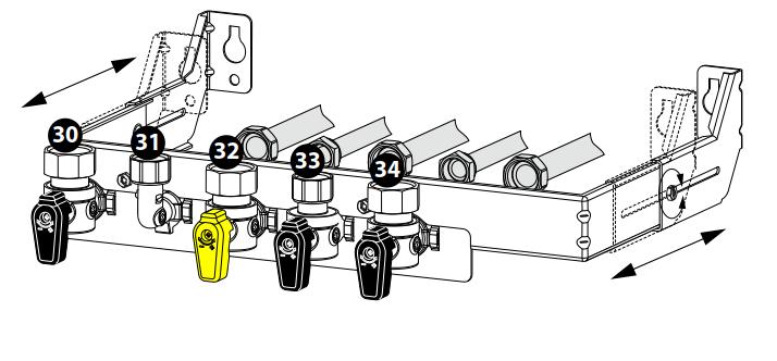 PIGMA CF EU - montáž SADA PŘIPOJOVACÍCH KULOVÝCH VENTILŮ A. = 30 - výstup topení B. = 31 - odběr teplé vody C. = 32 - přívod plynu D. = 33 - přívod studené vody E.