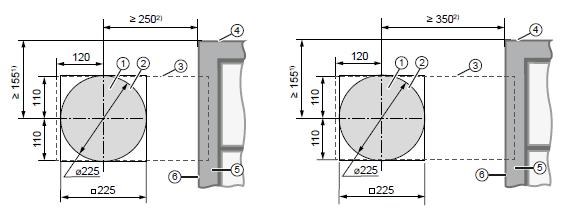 Pozice otvoru ve zdi Plochá redukce Corner 400 mm Plochá redukce Corner 500 mm Obrázek 7: rozměry umístění otvoru pro plochou redukci (pohled z interiéru) 1 stavební otvor u stávajících budov 4 horní