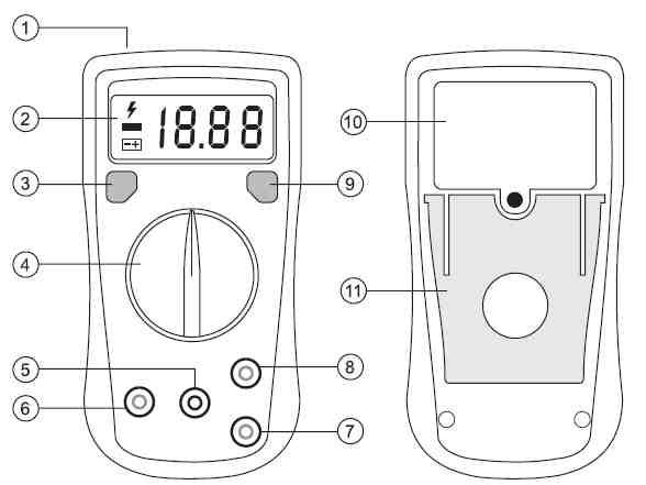 5. Ovládací prvky (tlačítka) měřícího přístroje a další jeho součásti 9 Tlačítko HOLD : Podržení zobrazení naměřené hodnoty na displeji přístroje 10 Kryt prostoru k vložení baterie 11 Výklopná opěrka