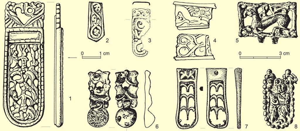 Obr. 8. Výběr kování opasku z 8. století: 2, 4 5, 7 pozdní doba avarská II (první polovina 8. století); 1, 3, 6, 8 pozdní doba avarská III (druhá polovina 8.