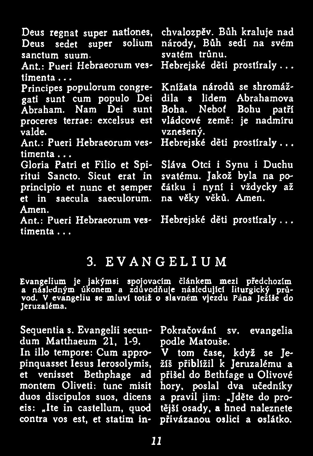Hebrejské děti prostíraly... 3. EVANGELIUM E vangelium Je jakým si spojovacím článkem m ezi předchozím a n ásledným úkonem a zdůvodňuje n ásle d u jíc í liturgický p rů vod.