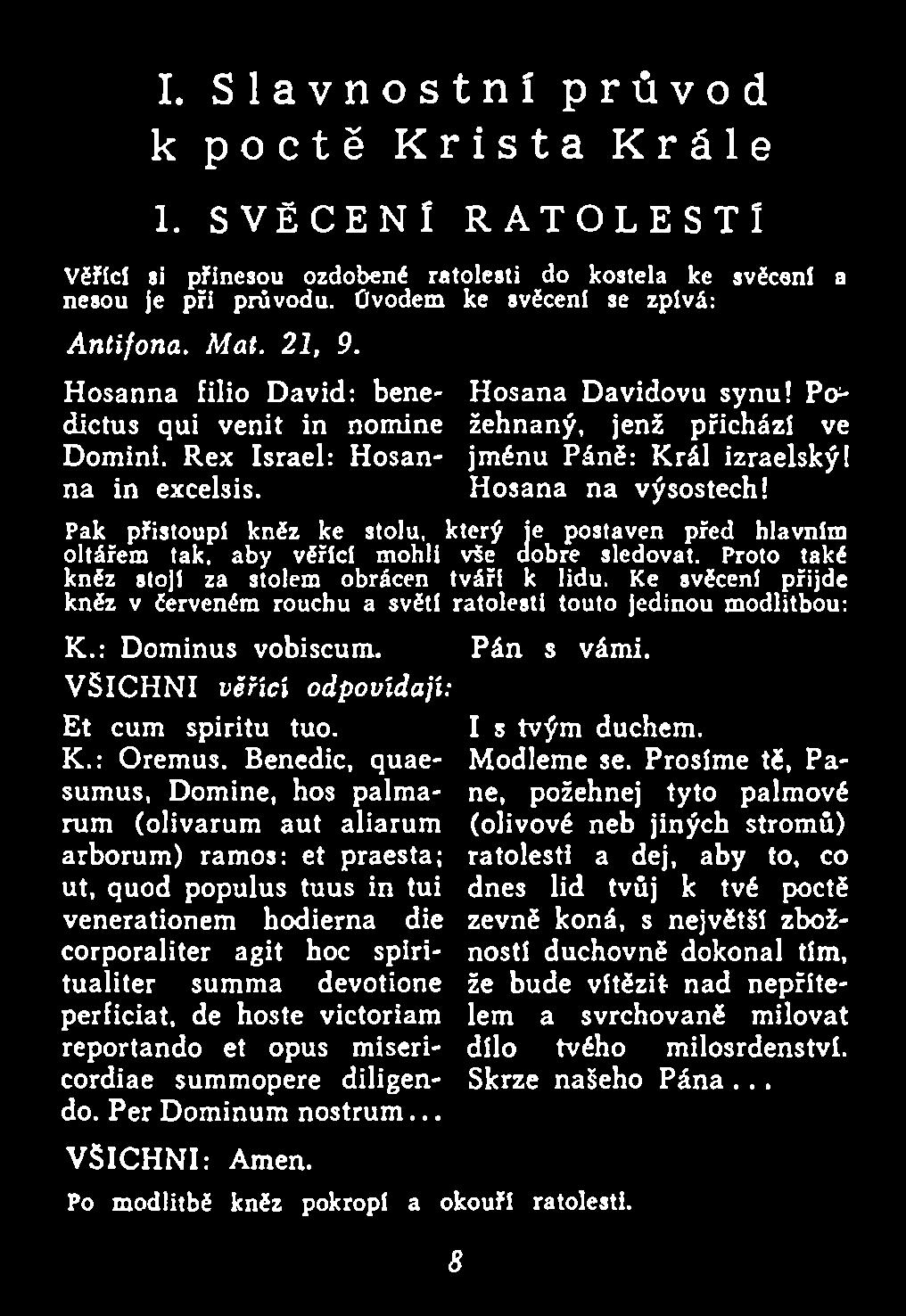 Benedic, quaesumus, Domine, hos palmarum (olivarum aut aliarum arborum ) ramos: et praesta; ut, quod populus tuus in tui venerationem hodierna die corporaliter agit hoc spiritualiter summa devotione