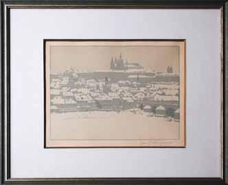 53 56 53. Jaromír Stretti - Zamponi (1882 1959) Pohled na Pražský hrad dřevoryt, 16,5 x 21,7 cm, sign. PD Jar. Stretti-Zamponi, rám, č. XI.