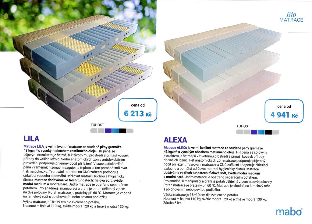 Bio MATRACE LILA Matrace LILA je velmi kvalitni matrace ze studene peny gramaze 43 kg/m^ s vysokym obsahem rostlinneho oleje.