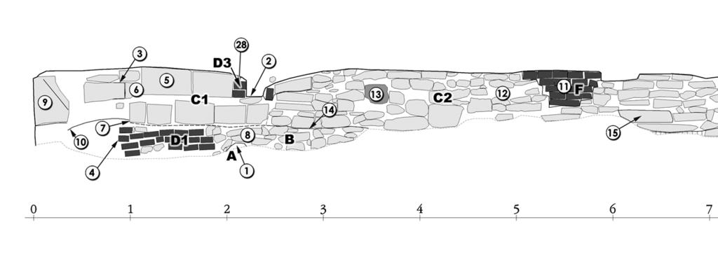 klenbou kaple sv. Jana Křtitele (obr. 3, obr. 4: 1). Další nepatrný fragment gotického architektonického článku je přiznán v jihozápadním pilíři kaple sv. Jana Křtitele. Je zde odhalen kvádr s negativem odtesané hlavice (přípory?