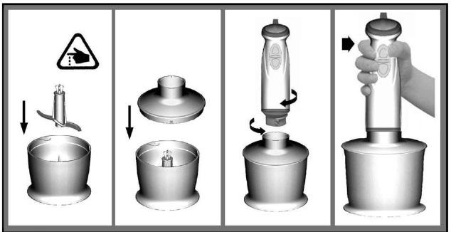 4) Place the blade gear box adapter P8 on the chopper bowl. 5) Turn the motor unit on the chopping bowl lid until it locks. 6) Press switch 1 or 2 to operate the chopper.