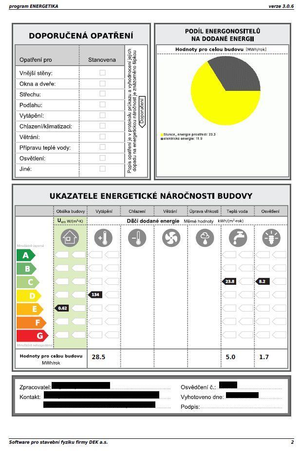 Obrázek 5: Energetický štítek 1. strana. Identifikační údaje nemovitosti jsou začerněny.