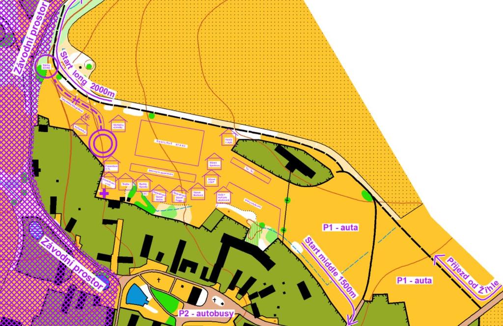 P2 centrum 300 m (bude vybírán poplatek v SO na oba dny 100,- Kč), Centrum start SO = 2000m, převýšení 40m, Centrum start NE =1500m, převýšení 30m, Centrum cíl SO i NE = 0m.