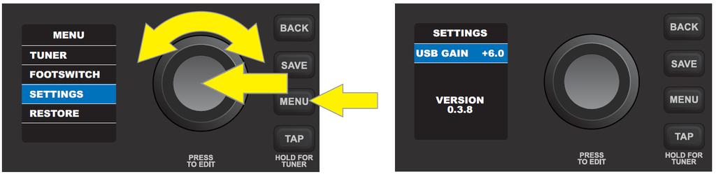 FUNKCE NABÍDKY: NASTAVENÍ Třetí funkce nabídky SETTINGS (nastavení) zobrazuje aktuální verzi firmwaru a nabízí regulaci výstupní hlasitosti pro nahrávání přes USB port na ovládacím panelu.