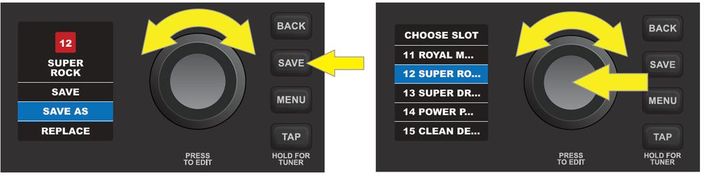 Jejich význam je podrobně popsán níže. SAVE (ULOŽIT): Upravený preset se uloží pod stejným číslem a stejným názvem. Postup: stiskněte funkční tlačítko SAVE a OVLADAČEM najeďte na položku SAVE.