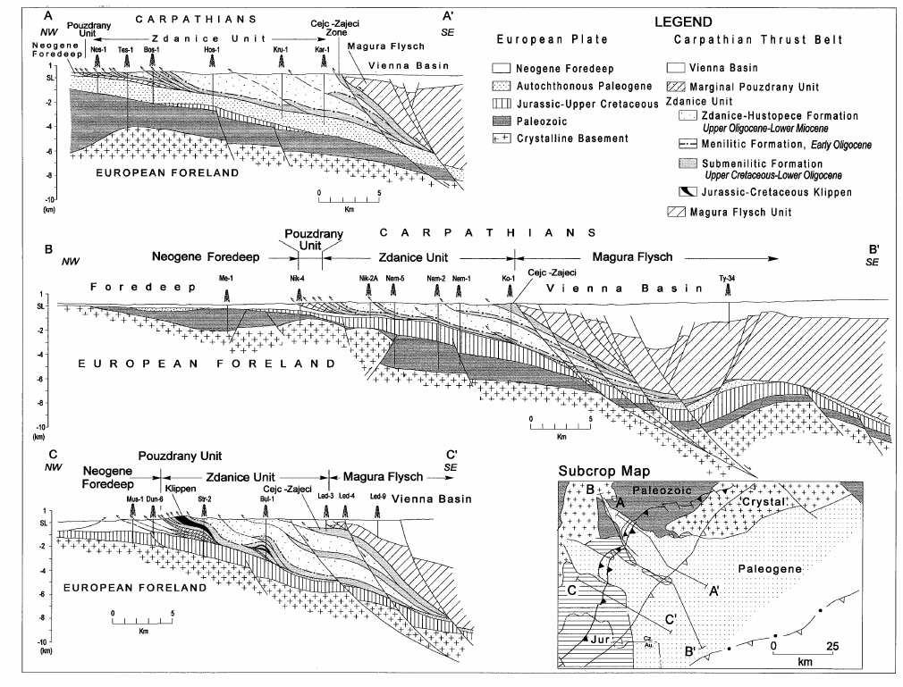 Cross sections A Ab, B Bb, and C C through the frontal units of the Carpathian thrust belt, the successor Vienna basin, and the underlying European plate with the Autochthonous Paleogene and the