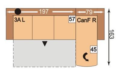 područka vlevo; S = špičatý roh; 2S R = 2-sedák s úložným prostorem, područka vpravo