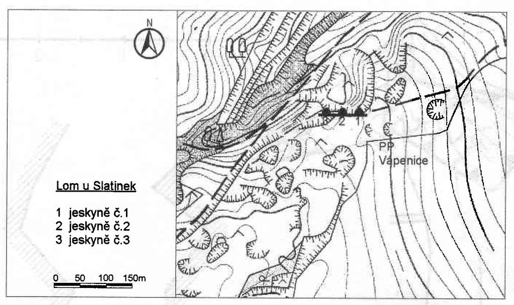 Obrázek 5: Situace severní části krasové oblasti u Čelechovic: lomy nad Slatinkami Vchod jeskyňky č.