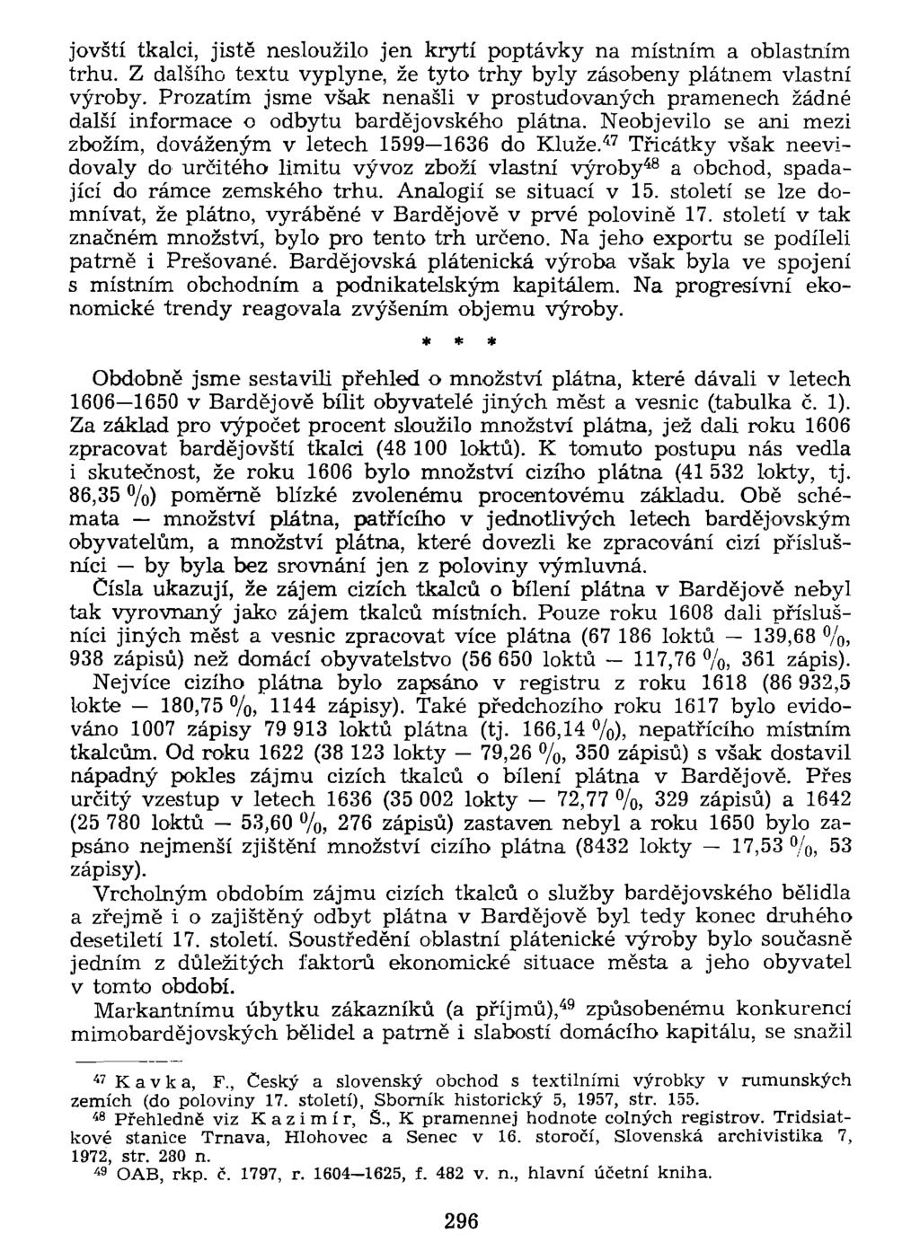 jovští tkalci, jistě nesloužilo jen krytí poptávky na místním a oblastním trhu. Z dalšího textu vyplyne, že tyto trhy byly zásobeny plátnem vlastní výroby.