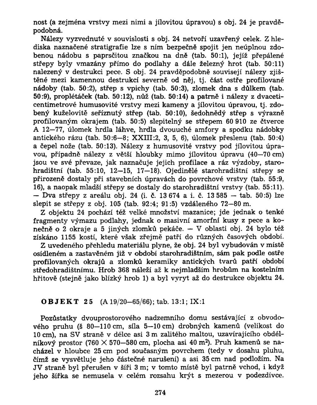 nost (a zejména vrstvy mezi nimi a jílovitou úpravou) s obj. 24 je pravděpodobná. Nálezy vyzvednuté v souvislosti s obj. 24 netvoří uzavřený celek.