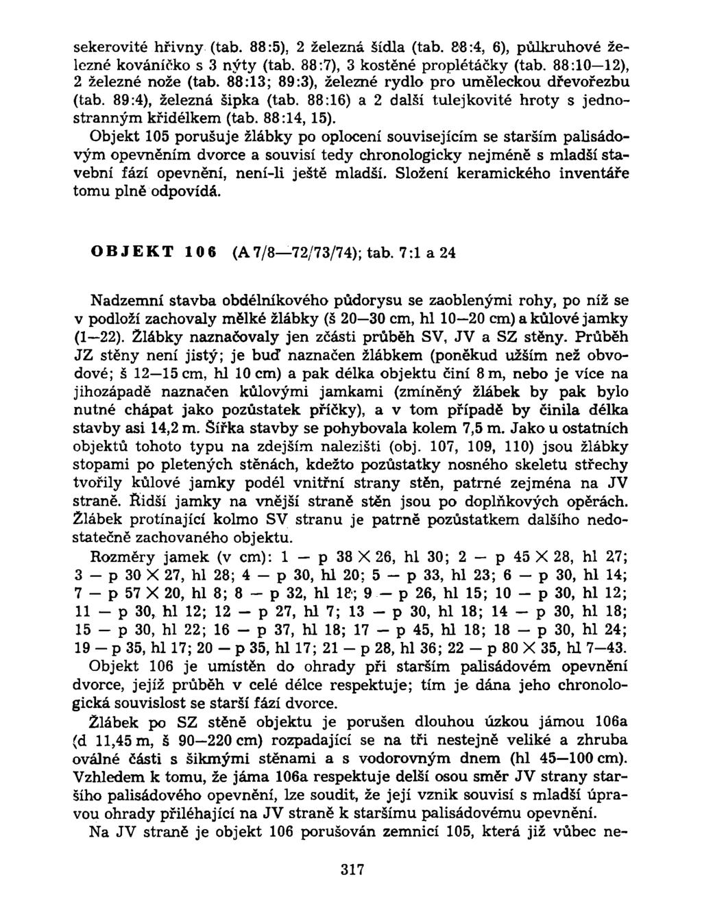 sekerovité hřivny (tab. 88:5), 2 železná sídla (tab. 88:4, 6), půlkruhové železné kováníčko s 3 nýty (tab. 88:7), 3 kostěné proplétáčky (tab. 88:10 12), 2 železné nože (tab.