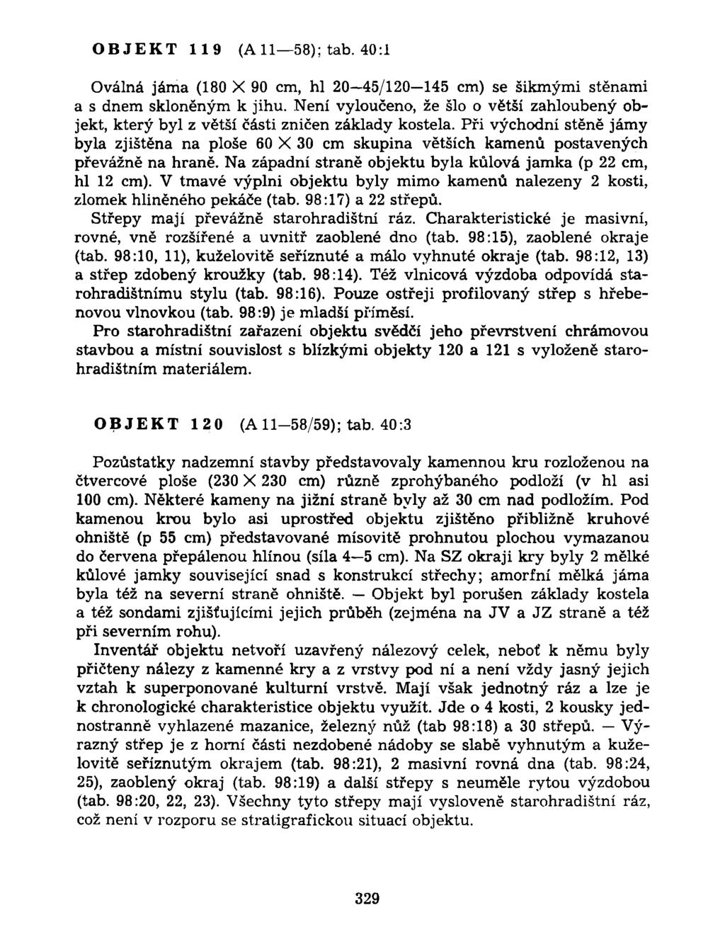 OBJEKT 119 (A 11 58); tab. 40:1 Oválná jáma (180 X 90 cm, hl 20-45/120-145 cm) se šikmými stěnami a s dnem skloněným k jihu.