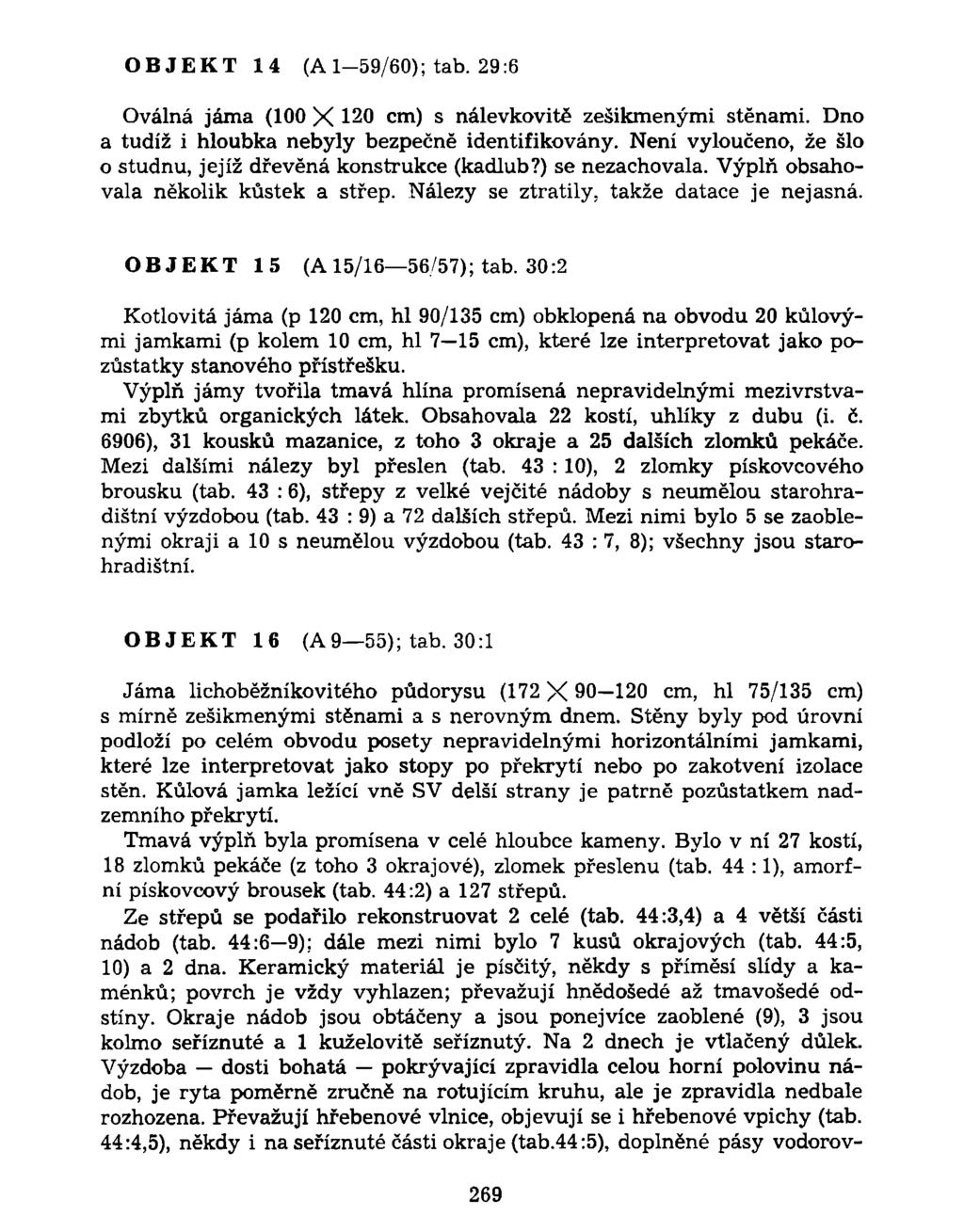 OBJEKT 14 (A 1 59/60); tab. 29:6 Oválná jáma (100 X 120 cm) s nálevkovitě zešikmenými stěnami. Dno a tudíž i hloubka nebyly bezpečně identifikovány.
