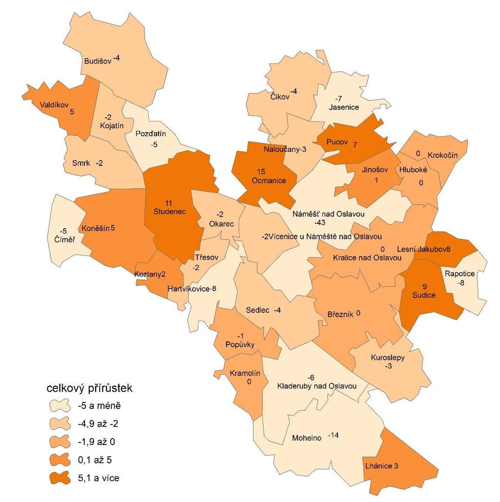 Obr. 10 Celkový přirozený přírůstek v obcích MAS Oslavka v roce 2012 (ČSÚ 2013) Následující kartogram zobrazuje změnu počtu obyvatel v obcích Kraje Vysočina a na území MAS Oslavka za roky 2008 2012.