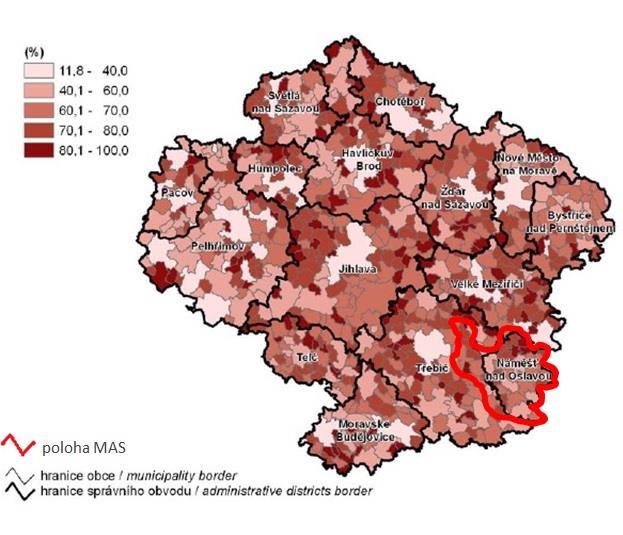 Obr. X Podíl zaměstnaných osob v obcích Kraje Vysočina a na území MAS Oslavka vyjíždějících do zaměstnání za hranice své obce stav k 26