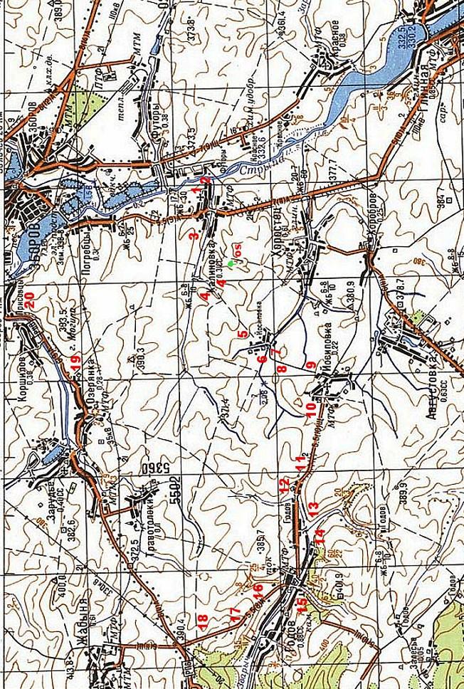 A nyní uţ k vlastnímu průzkumu: Nejprve celková mapa prostoru a stručný popis cesty bojištěm. Místa našich zastavení jsou číslována.