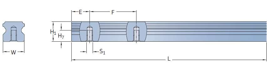 Lineární profilová vedení LLTHR D4 - pro spodní montáž LLTHR D4 Rozměry (mm) Hmotnost (kg) Označení W H 1 H 7 S 1 E min E max F L max LLTHR 15 D4 15 14 8 M5 10 50 60 3 920 1,4 LLTHR 20 D4 20 18 10 M6