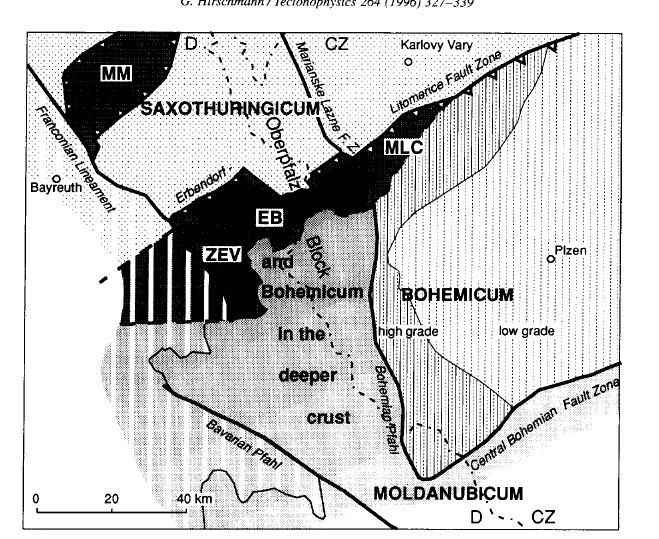 Fig. 7. Configuration of terranes at the NW edge of the Bohemian Massif (West Bohemia- Northeast Bavaria).