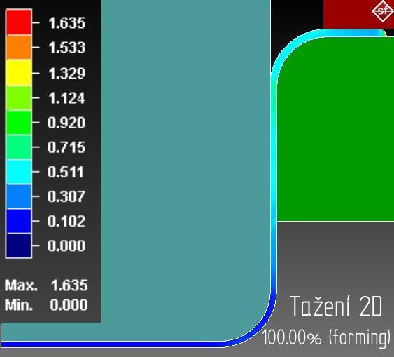 Vzhledem k rotačnímu osově symetrickému tvaru výtažku byla provedena 2D simulace, zredukovaná na polovinu geometrie, výsledky odpovídají celému výtažku. Obr. 34 Plastická deformace stěny výtažku Obr.