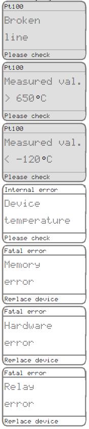 Displej Popis Na svorkách připojení Pt100 zjištěno přerušení. Ověřte čidlo a přívody. Měřená hodnota přes rozsah pro Pt100. Měřená hodnota pod rozsah pro Pt100.