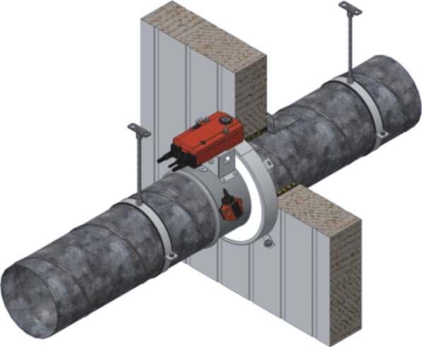 Spojovací plochu mezi prstencem klapky a stěnou natřít požárně odolným tmelem před instalací klapky (doporučený tmel PROMAT K84 nebo HILTI CFS-S).