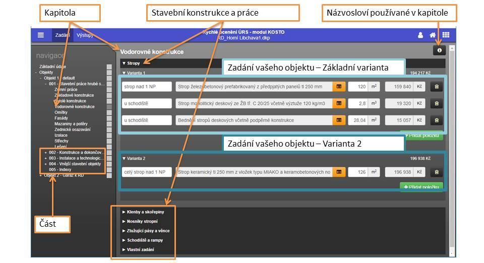 12.2. ZÁKLADNÍ ČLENĚNÍ PRACOVNÍ PLOCHY Každý objekt je v programu rozdělen do pěti částí (logických celků), dále do kapitol a následně pak do jednotlivých konstrukcí a prací.