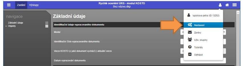 8. NASTAVENÍ UŽIVATELSKÉHO ÚČTU Nastavení uživatelského profilu lze vyvolat najetím na uživatelské jméno v horní liště a zvolením volby Nastavení. 8.1.