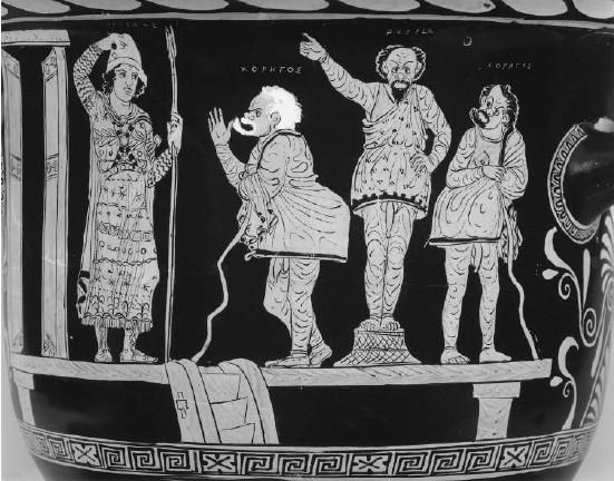 The Choregoi-vase, showing a scene from an unknown Old Comedy (Aristophanes