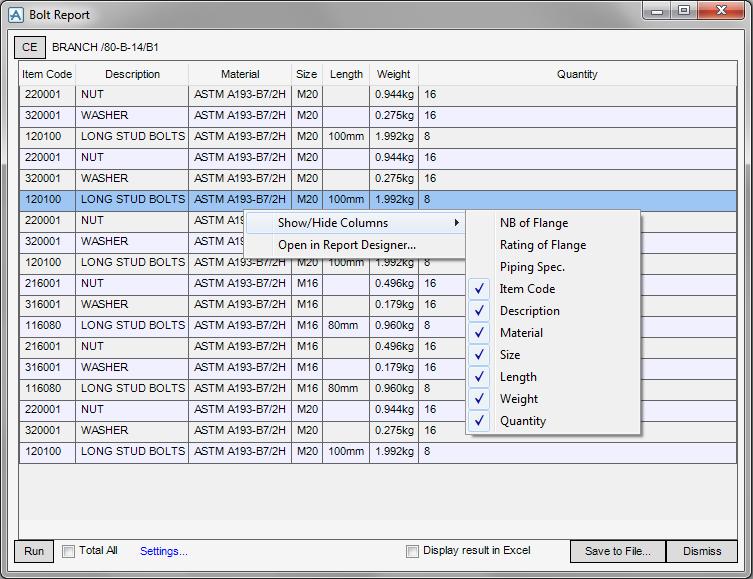 Tools > Bolting > Report Slouží ke generování výpisů šroubů. Výsledek je možno uložit přímo do souboru MS Excel.