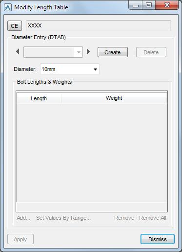 Pro vytvoření zadejte z hlavního menu Create > New Bolting > Length Table Zobrazí se stejné okno jako v předchozím případě.