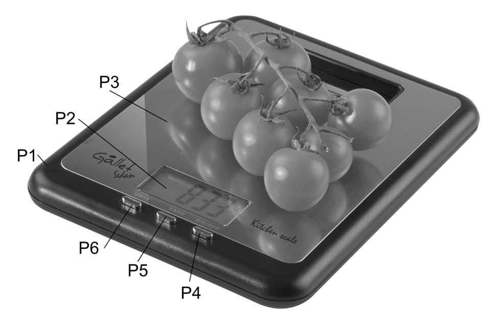 ENG Description of the controls P1 Unit of scale P2 Display P3 Weighing platform