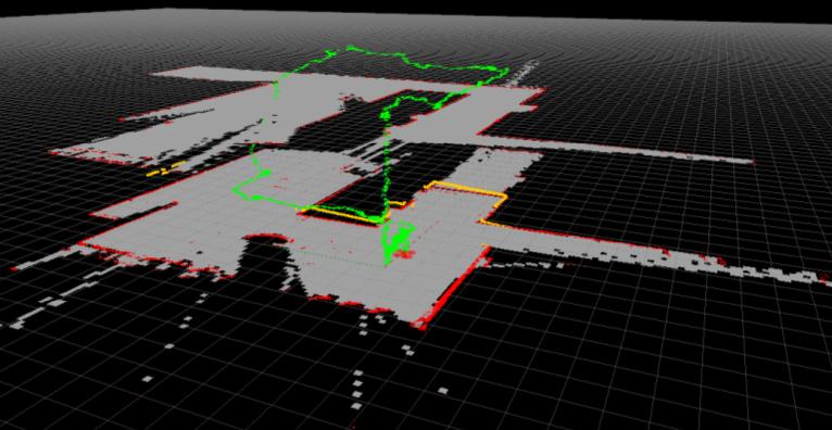 (a) Specializovaná kvadrokoptéra od firmy Ascending Technologies, GmbH. (b) Mapa dvoupatrového domu se zaznamenanou trasou kvadrokoptéry (zeleně). Obrázek 4.1.