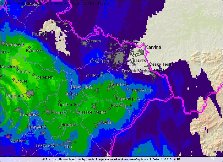 Orograficky zesílené srážky v Beskydech Výraznější rozdíly mezi Beskydami a Ostravskou pánví panovaly i v průběhu noci na 18. července. Další kompaktní pásmo srážek zasáhlo oblast kolem 9 hod. ranní.
