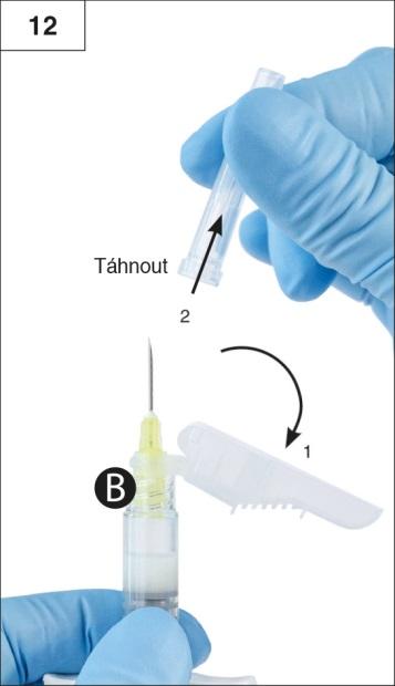 Připevněte bezpečnostní jehlu ke stříkačce B tak, že budete držet stříkačku a jehlu na ni našroubujete jemným otáčením po směru hodinových ručiček asi o tři čtvrtě otáčky až do polohy, kdy jehla na