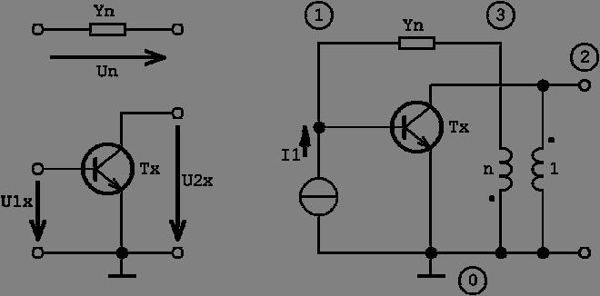 obvod na obrázku obsahuje dva regulární prvky (tranzistor a admitanci) a jeden