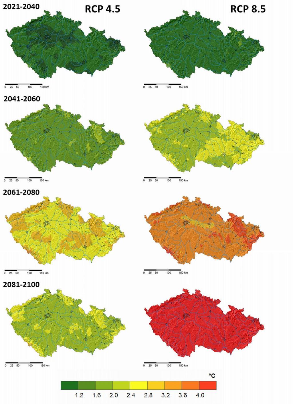 Změna teploty vzduchu podle RCM MOHC HADGEM RCP 4.5: emisní scénář realistický, stabilizace koncentrací CO 2 RCP 8.