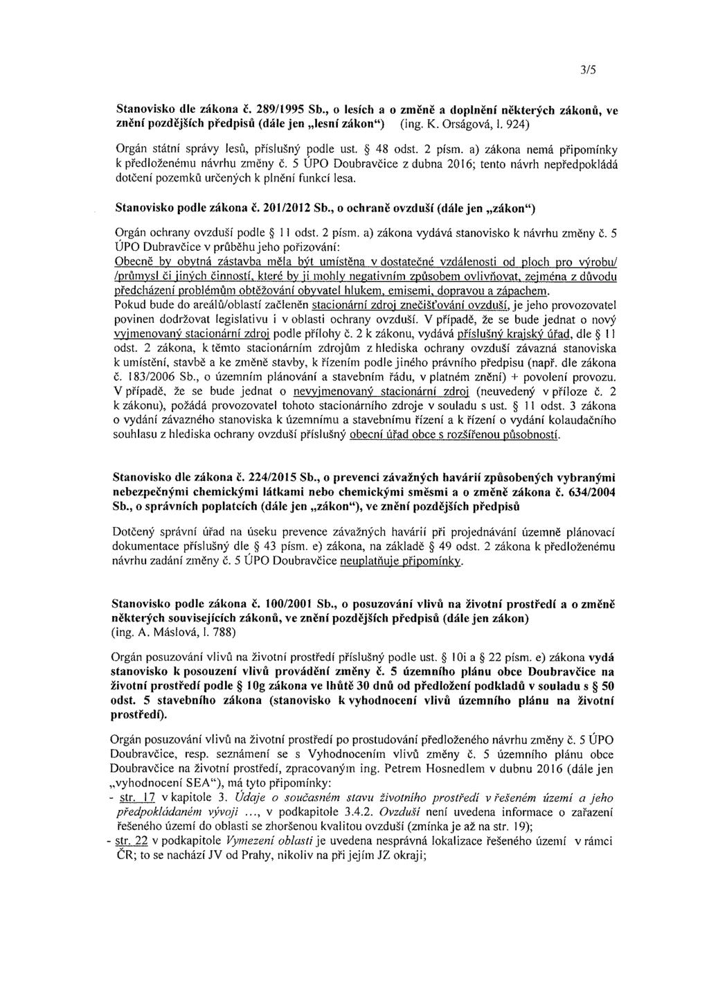 3/5 Stanovisko dle zákona č. 289/1995 Sb., o lesích a o změně a dopínění některých zákonů, ve znění pozdějších předpisů {dále jen lesní zákon") (ing. K.