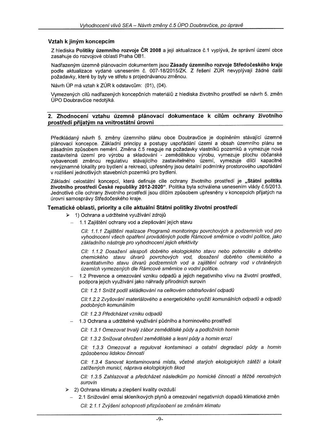 Vyhodnocení vlivů SEA - Návrh změny č.5 ÚPO Doubravčice, po úpravě Vztah k Jiným koncepcím Z hlediska Politiky územního rozvoje ČR 2008 a její aktualizace č.